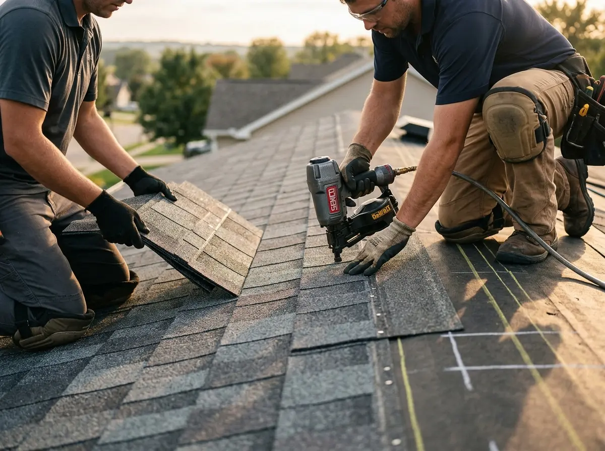 Professional roofer working on a residential roof in Enterprise
